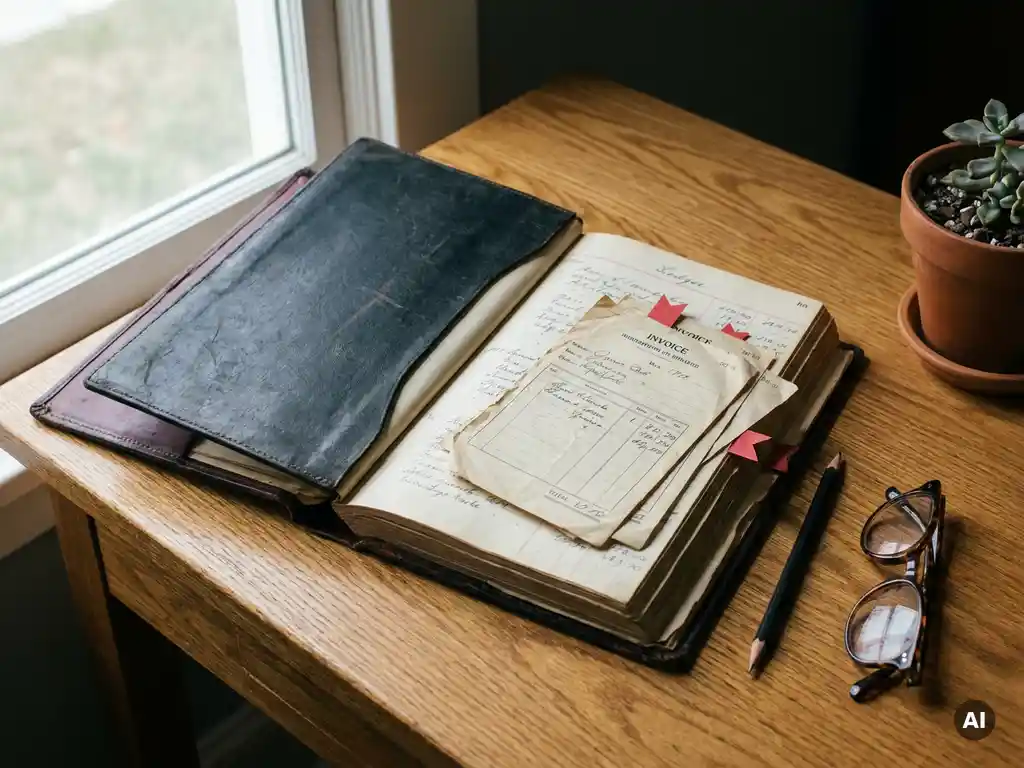Aufgeschlagenes Leder-Hauptbuch mit rot markierten Rechnungen, Bleistift und Lesebrille auf Eichenschreibtisch, kleiner Sukkulente im Hintergrund.