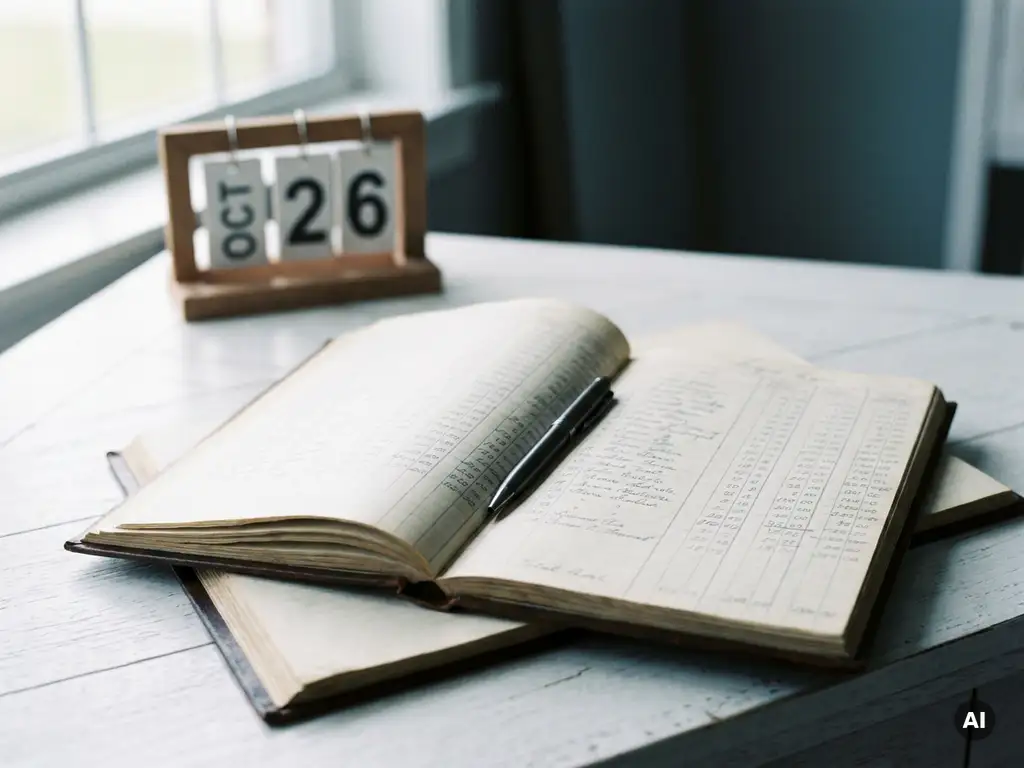 Aufgeschlagenes Kontenbuch mit elegantem Stift auf weißem Schreibtisch, dezenter Tischkalender im Hintergrund, weiches Tageslicht.