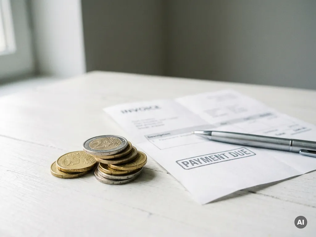 Stapel Euromünzen neben einer unbezahlten B2B-Rechnung auf weißem Schreibtisch mit silbernem Stift, flache Schärfentiefe.