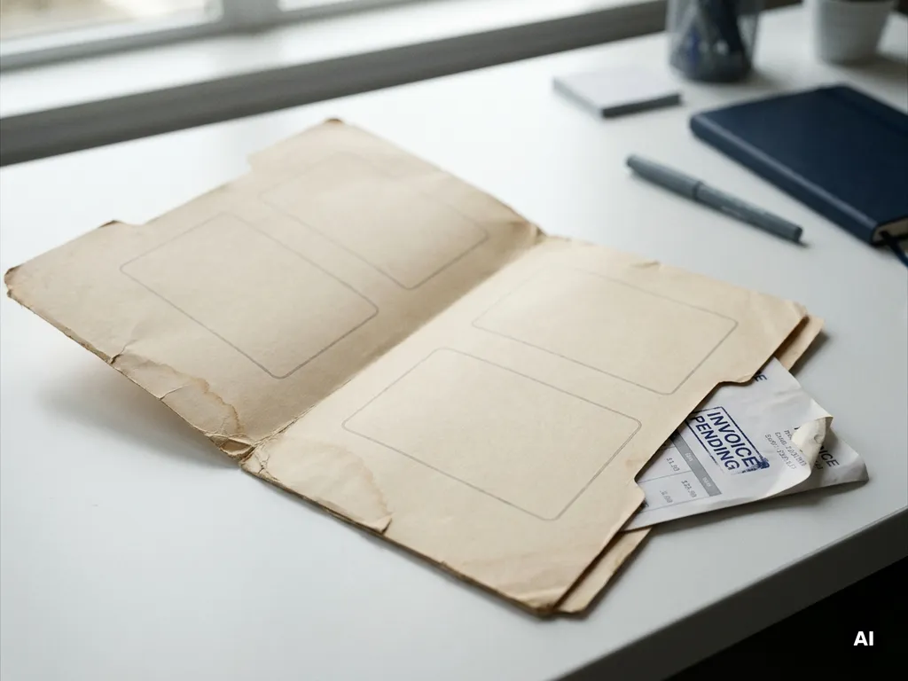 Geöffnete, abgenutzte Manila-Mappe auf weißem Schreibtisch mit fehlenden Dokumenten und teilweise sichtbarer Rechnung im Bürolicht.