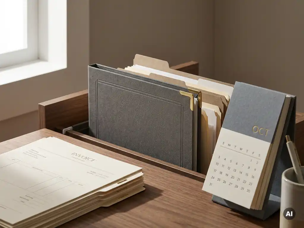 Grauer Dokumentenordner in einem strukturierten Ablagesystem mit Rechnungen und Tischkalender in warmen Neutraltönen.