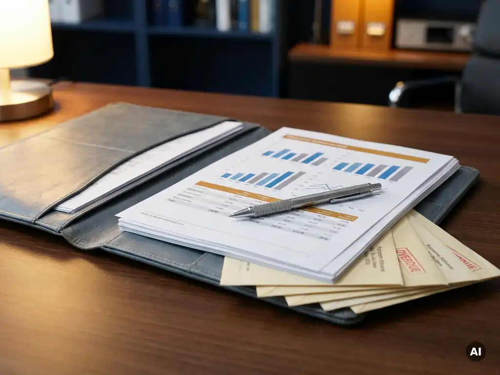 Aufgeschlagenes Leder-Portfolio mit Finanzberichten, Balken- und Liniendiagrammen sowie einem silbernen Stift auf dunklem Schreibtisch.