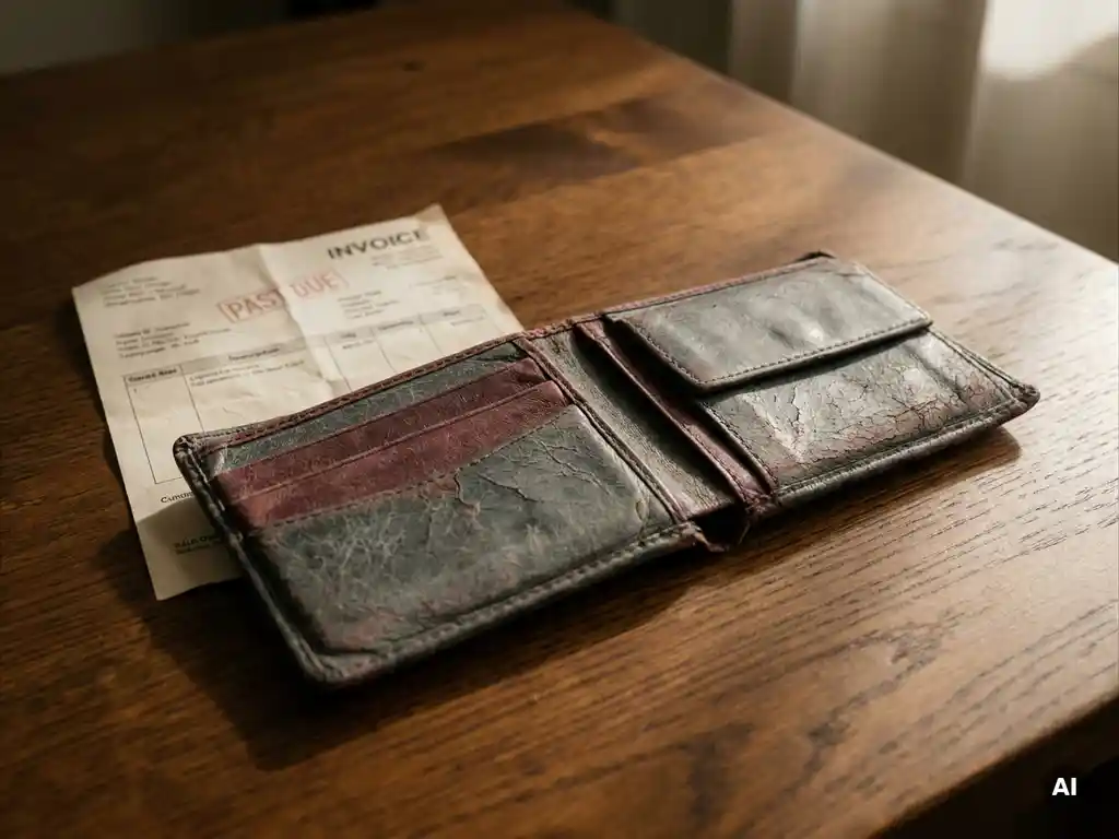 Leere, rissige Ledergeldbörse auf dunklem Eichentisch neben überfälliger Rechnung, symbolisiert finanzielle Engpässe.
