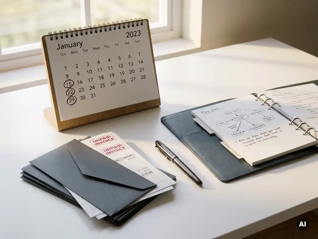 Schreibtisch mit rot markiertem Kalender, unbezahlten Rechnungen und Füllfederhalter neben geöffnetem Leder-Notizbuch.