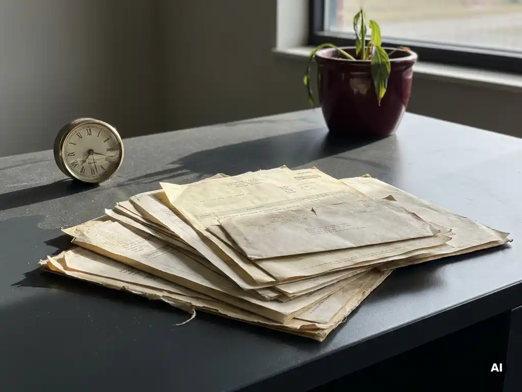Stapel überfälliger Papierrechnungen auf einem Schreibtisch, mit analoger Uhr, langen Schatten und welkender Pflanze im Hintergrund.