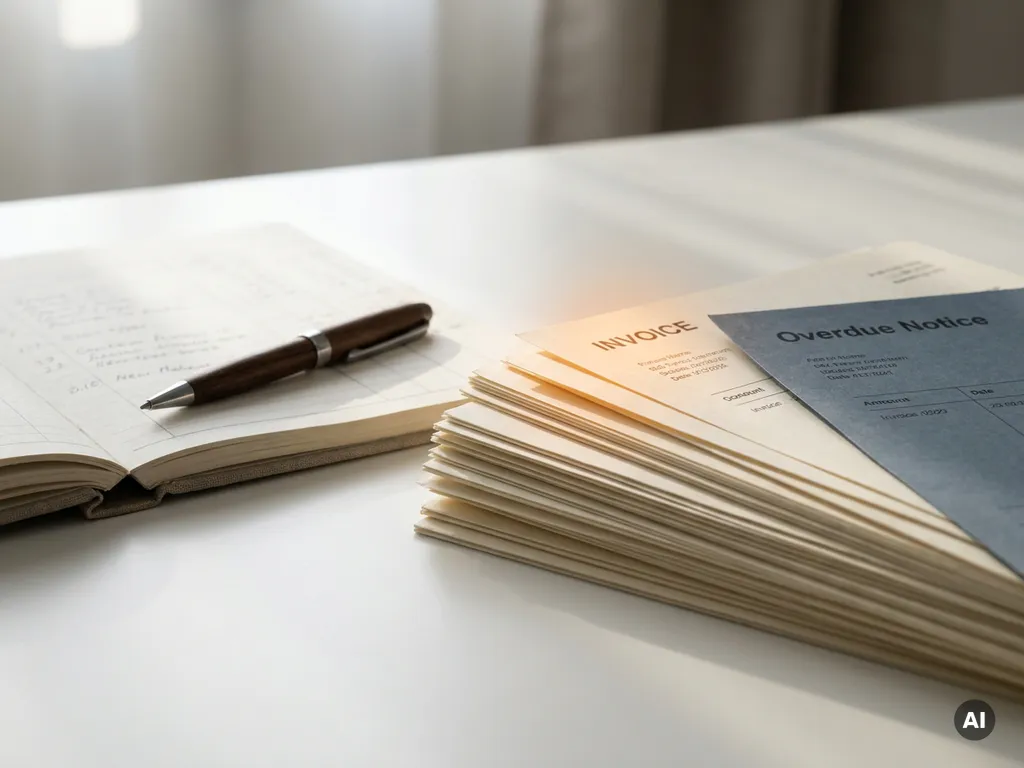 Gestapelte Rechnungen und ein Mahnschreiben auf weißem Schreibtisch, Stift auf offenem Kassenbuch, sanftes Morgenlicht.