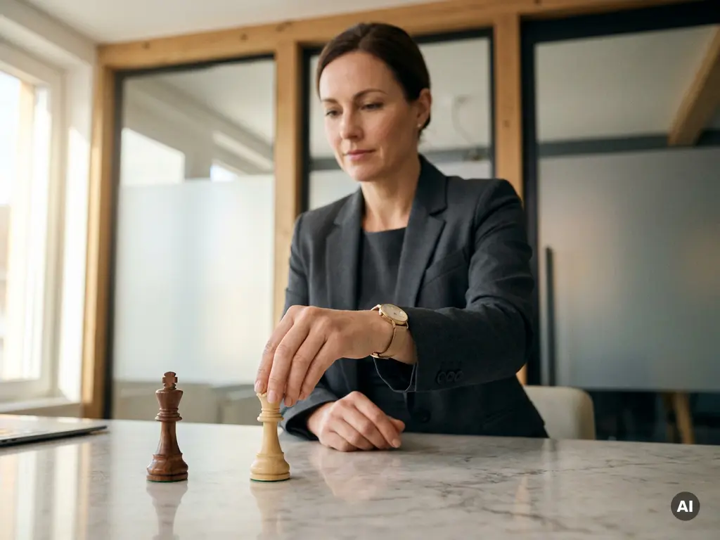 Geschäftsmann im Anzug platziert Schachfigur auf Marmortisch in modernem Büro, strategisches Partnersymbol.
