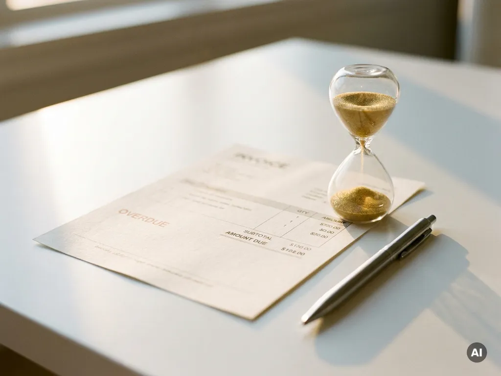 Überfällige Rechnung auf weißem Schreibtisch neben Sanduhr mit goldenem Sand und Stift, flache Tiefenschärfe.