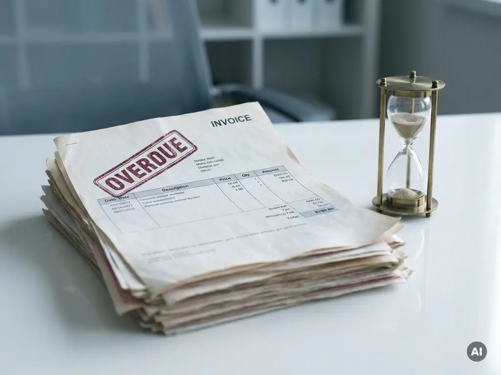 Stapel überfälliger Rechnungen mit rotem Stempel auf weißem Schreibtisch, daneben eine fast leere Sanduhr.