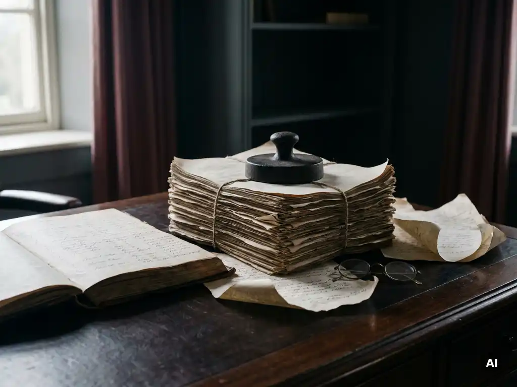Stapel überfälliger Rechnungen unter schwerem Briefbeschwerer auf dunklem Schreibtisch, daneben aufgeschlagenes Ledger-Buch, dramatisches Seitenlicht.
