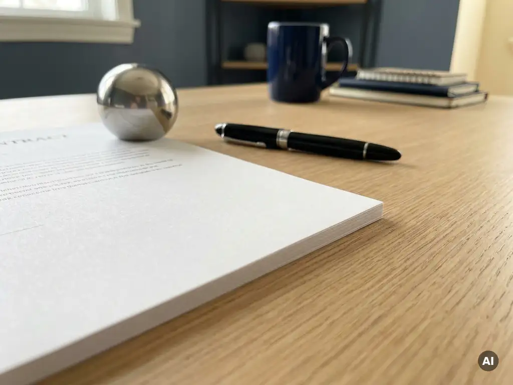 Weißes Vertragsdokument mit silbernem Briefbeschwerer und schwarzem Füllfederhalter auf hellem Eichenholzschreibtisch im Büro.