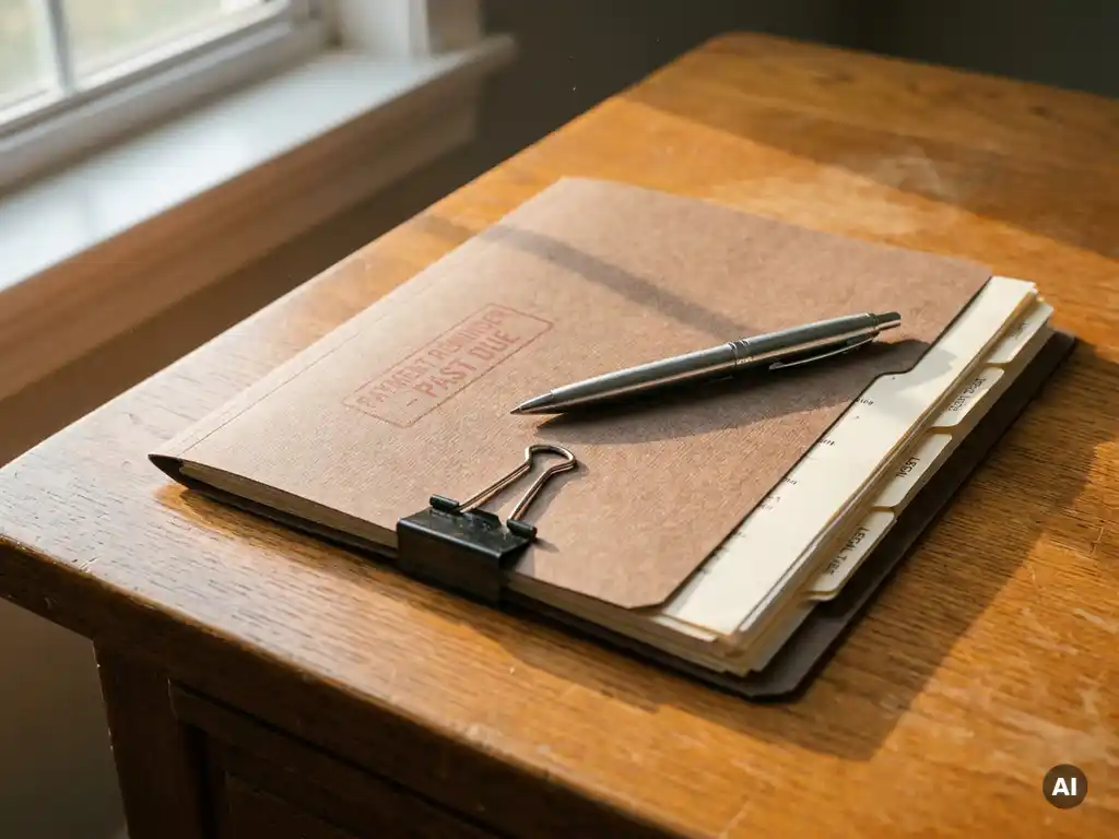 Zwei Dokumentenmappen auf Eichenholzschreibtisch, mit Metallklammer verbunden – eine mit Zahlungserinnerung, eine mit Rechtsunterlagen, Silberstift darüber.
